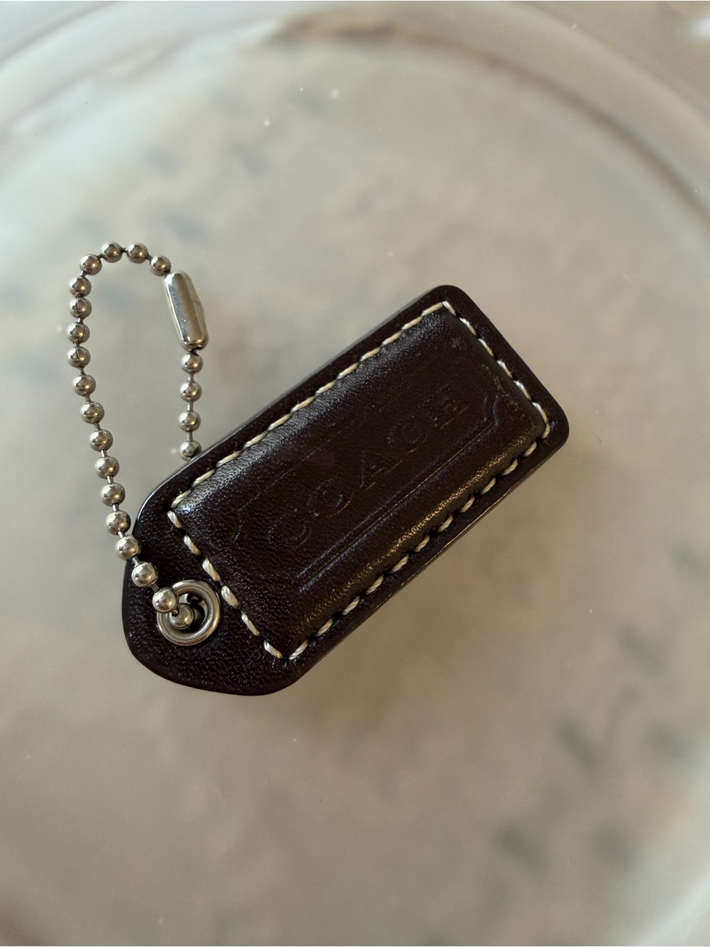 Coach Dark Brown Hang Tag Leather Fob Stitched with Silver Ball Chain
